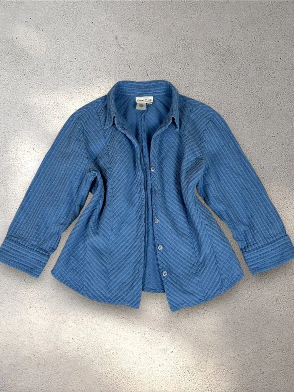VTG Coldwater Creek Crinkle Button Up Blouse Women’s M Blue Stripe Academia Boho